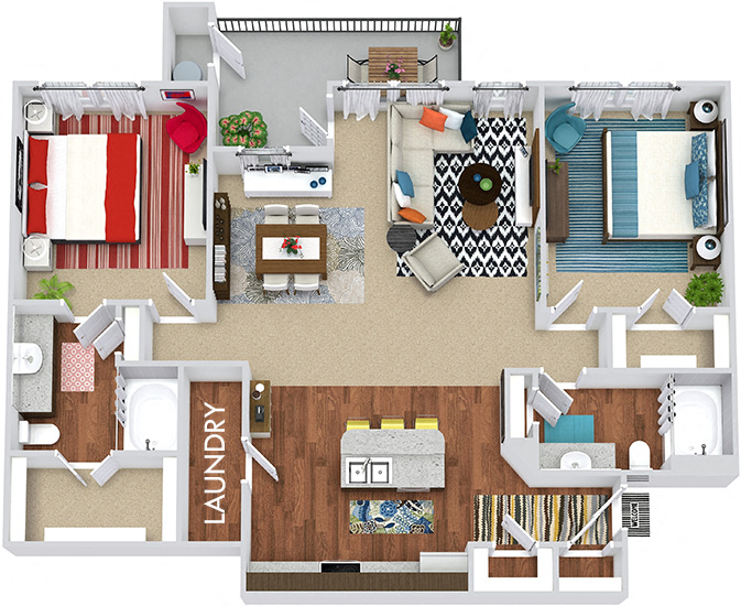 Floor plan for 2 beds, 2 baths, 1233 sqft